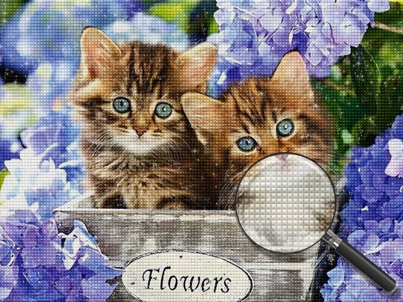 Zwei Katzen und blaue Hortensien Diamond Painting