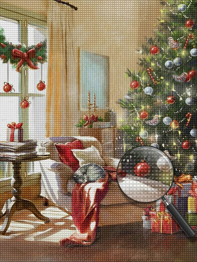 Weihnachtsbaum und schlafende Katze Diamond Painting