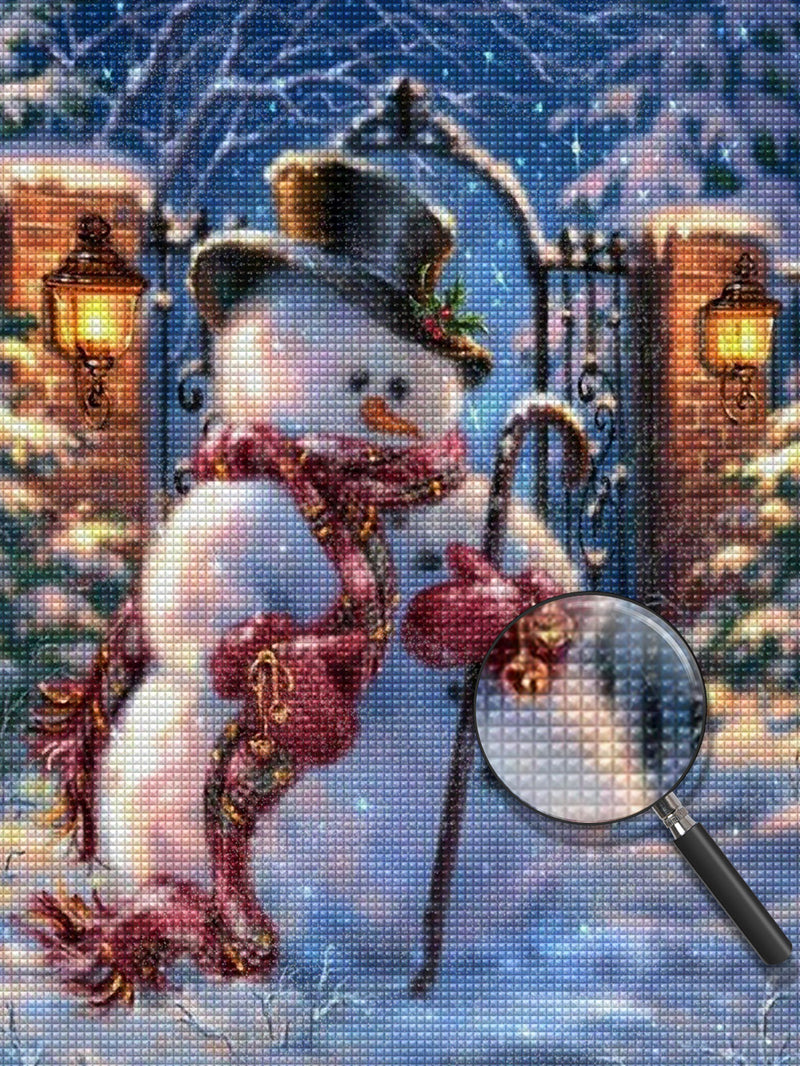 Trauriger Weihnachtsschneemann vor der Tür Diamond Painting