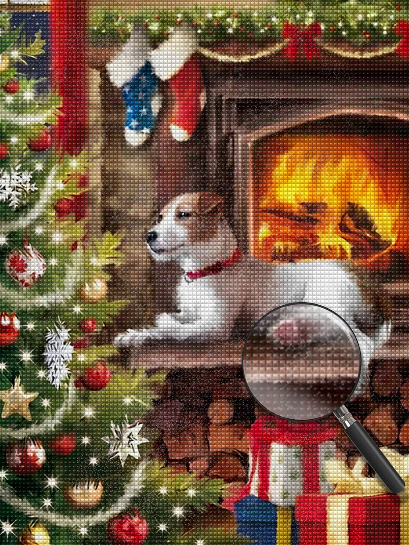 Hund, Weihnachtsbaum und Geschenke am Kamin Diamond Painting