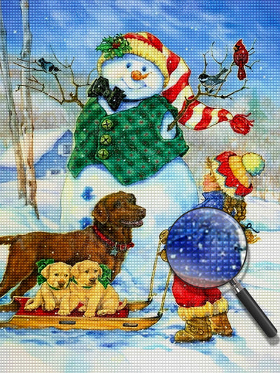 Mädchen, Hund und Weihnachtsschneemann Diamond Painting