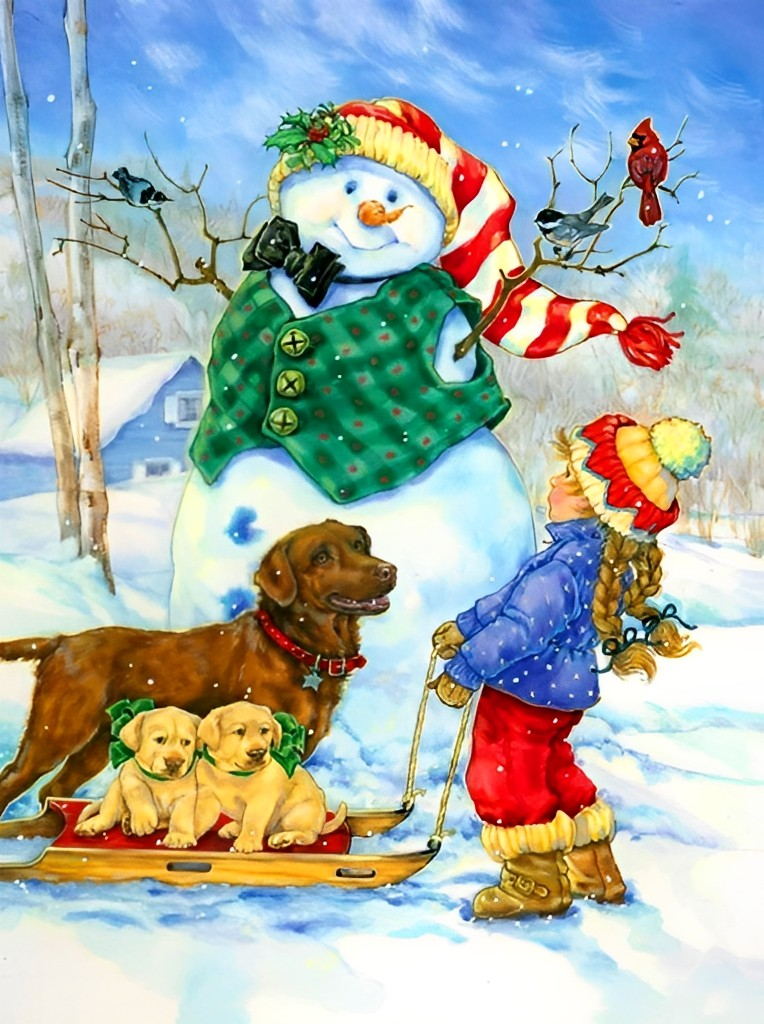 Mädchen, Hund und Weihnachtsschneemann Diamond Painting