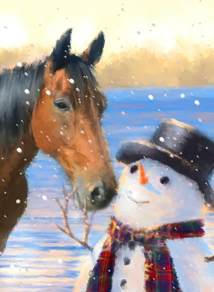 Schneemann und Pferd Diamond Painting