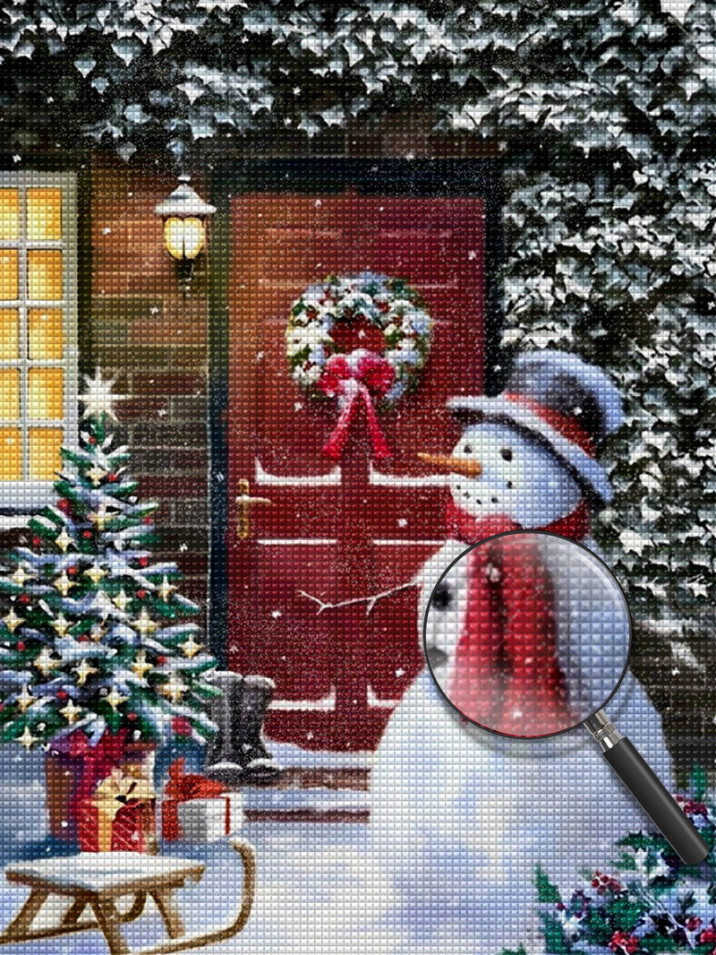 Schneemann und Weihnachtsbaum vor der Tür Diamond Painting