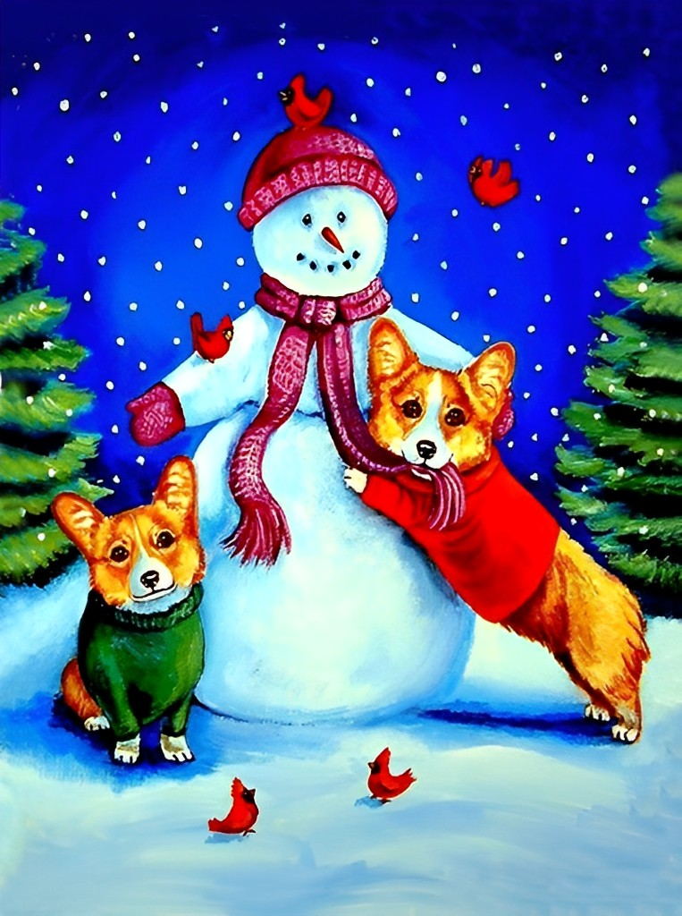 Schneemann und Hunde Diamond Painting