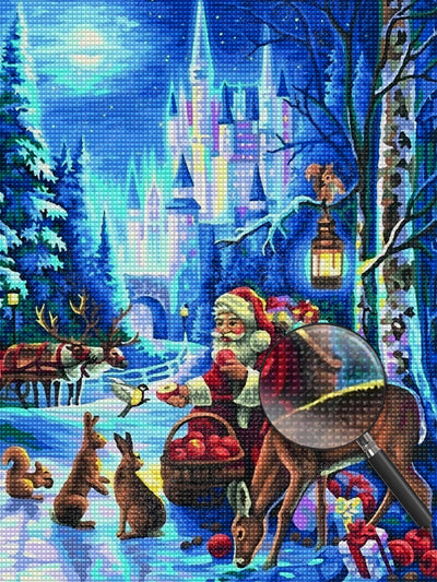 Weihnachtsmann und Tiere vor dem Schloss Diamond Painting