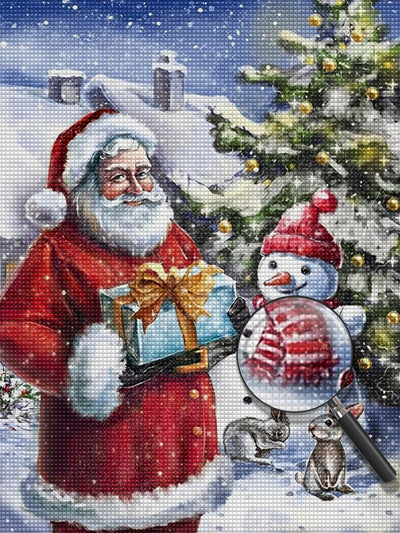 Weihnachtsmann mit Geschenk und Schneemann Diamond Painting