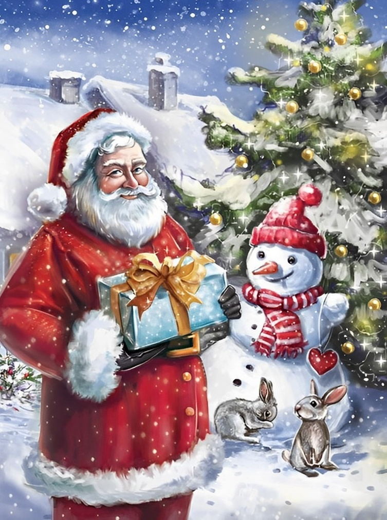 Weihnachtsmann mit Geschenk und Schneemann Diamond Painting