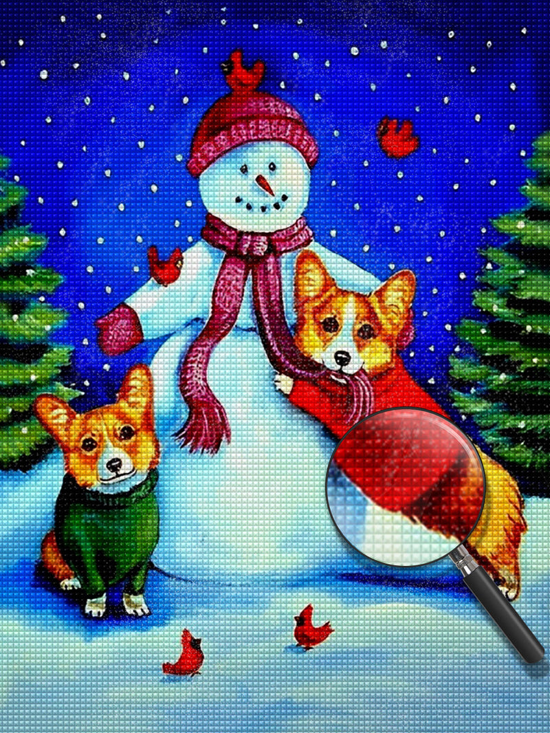 Schneemann, Hunde und Vögel unter dem Sternenhimmel Diamond Painting