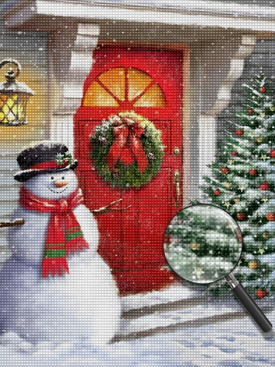 Schneemann und Weihnachtsbaum vor der Tür Diamond Painting