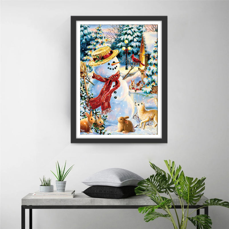 Schneemann, Weihnachtsbaum und Tiere Diamond Painting