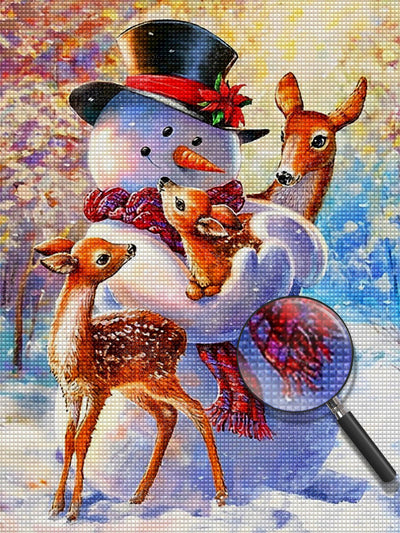 Schneemann und Hirsche im Wald Diamond Painting