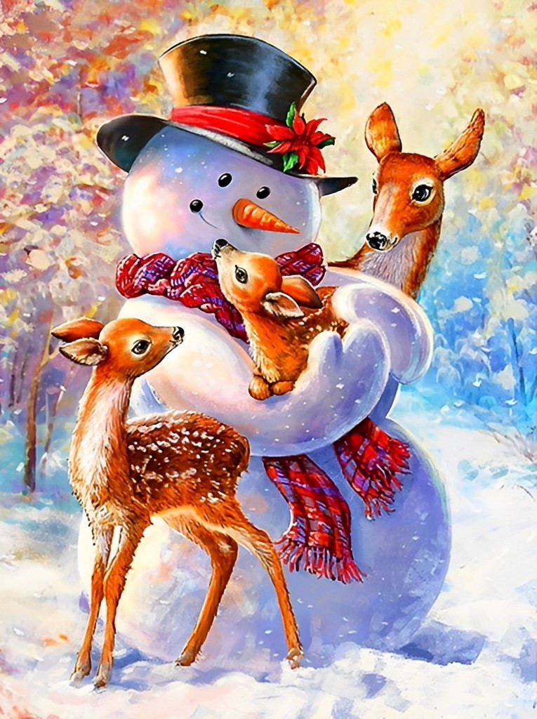 Schneemann und Hirsche im Wald Diamond Painting