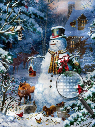 Weihnachtsschneemann und Tiere vor dem Haus Diamond Painting