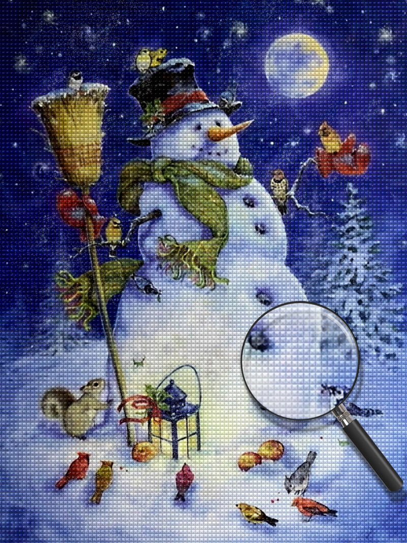 Schneemann und Vögel in der Nacht Diamond Painting