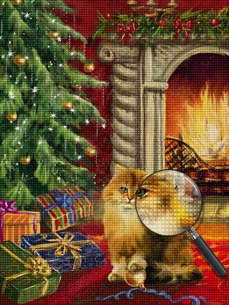 Katze, Weihnachtsbaum und Geschenke am Kamin Diamond Painting