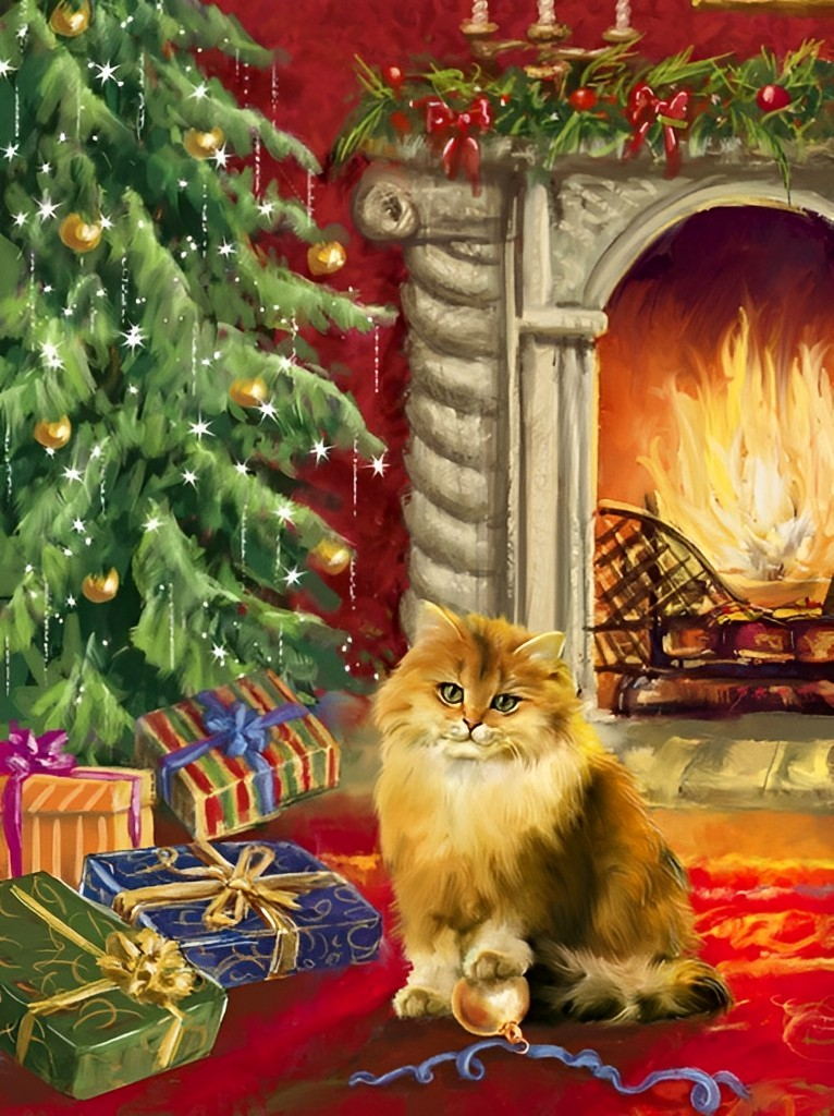 Katze, Weihnachtsbaum und Geschenke am Kamin Diamond Painting