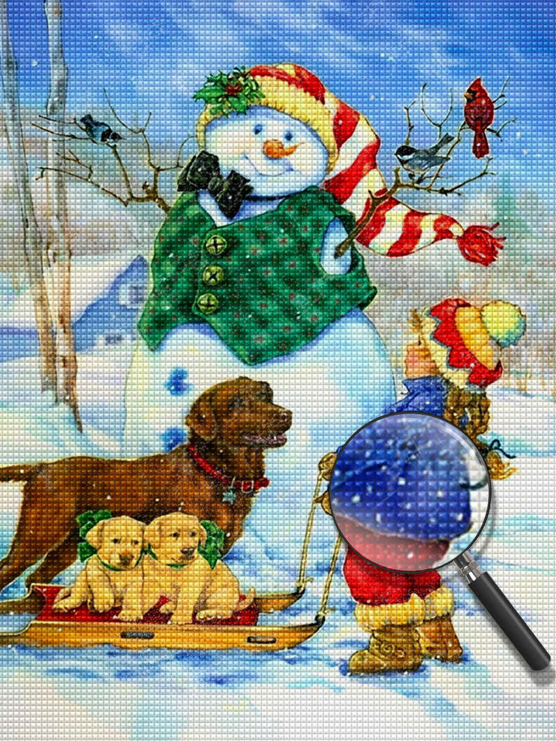 Kind Hunde Schneemann Diamond Painting