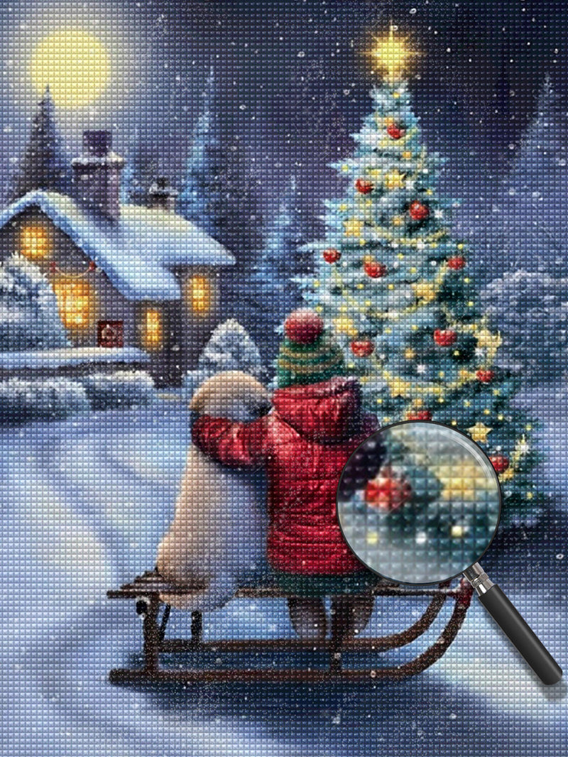 Kind und Hund vor Weihnachtsbaum im Schnee Diamond Painting