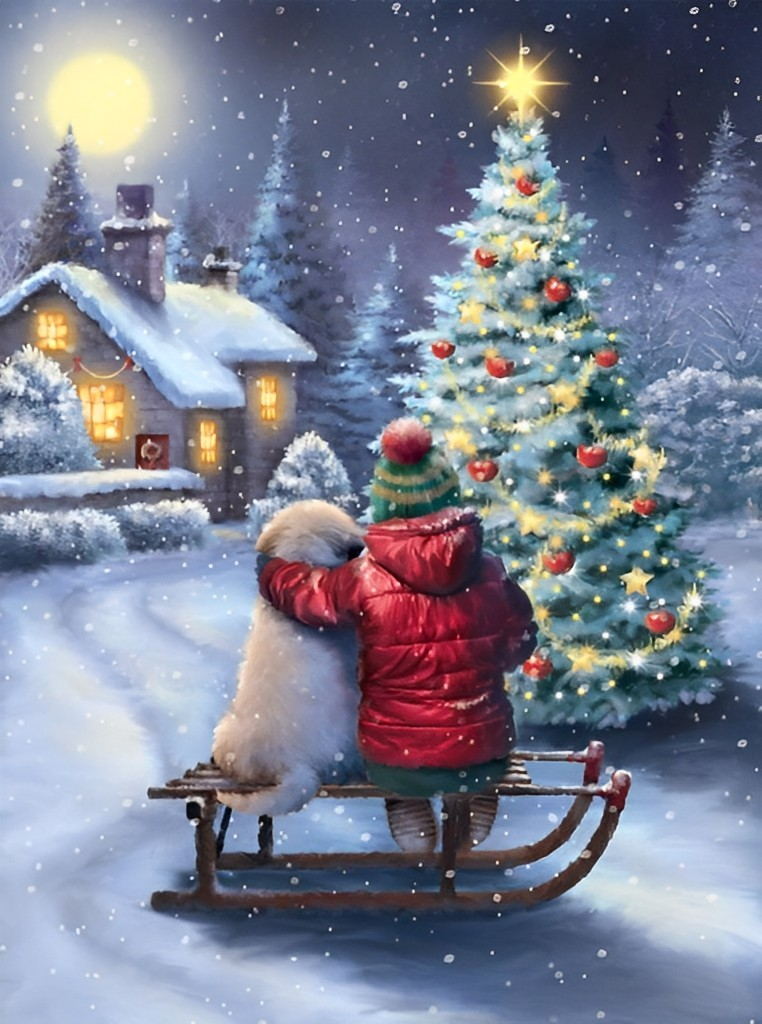 Kind und Hund vor Weihnachtsbaum im Schnee Diamond Painting