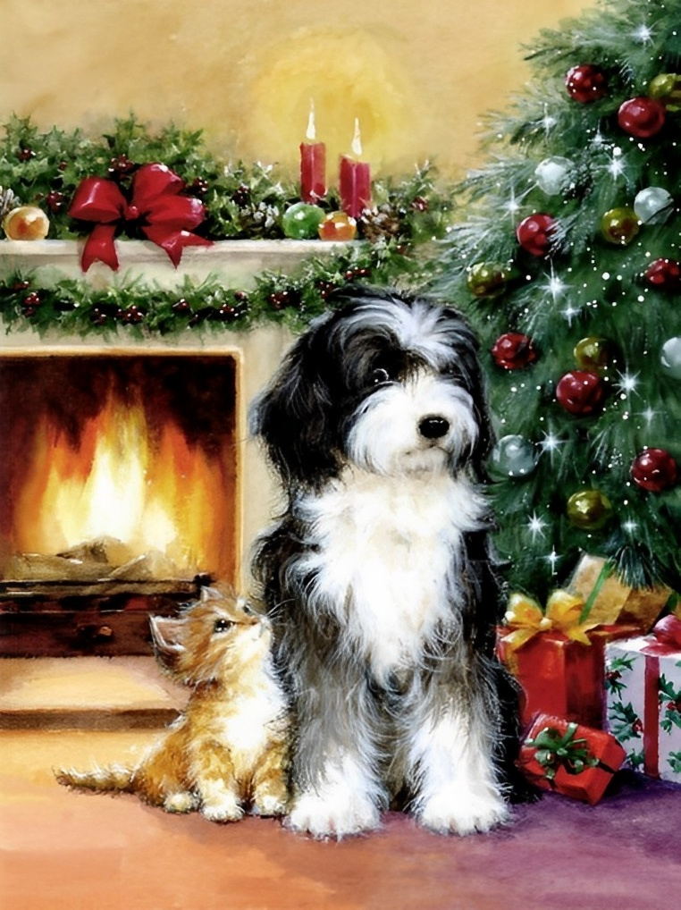 Kätzchen Hund Weihnachtsbaum Diamond Painting