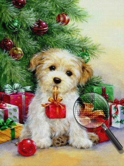 Hund mit Geschenken neben dem Weihnachtsbaum Diamond Painting