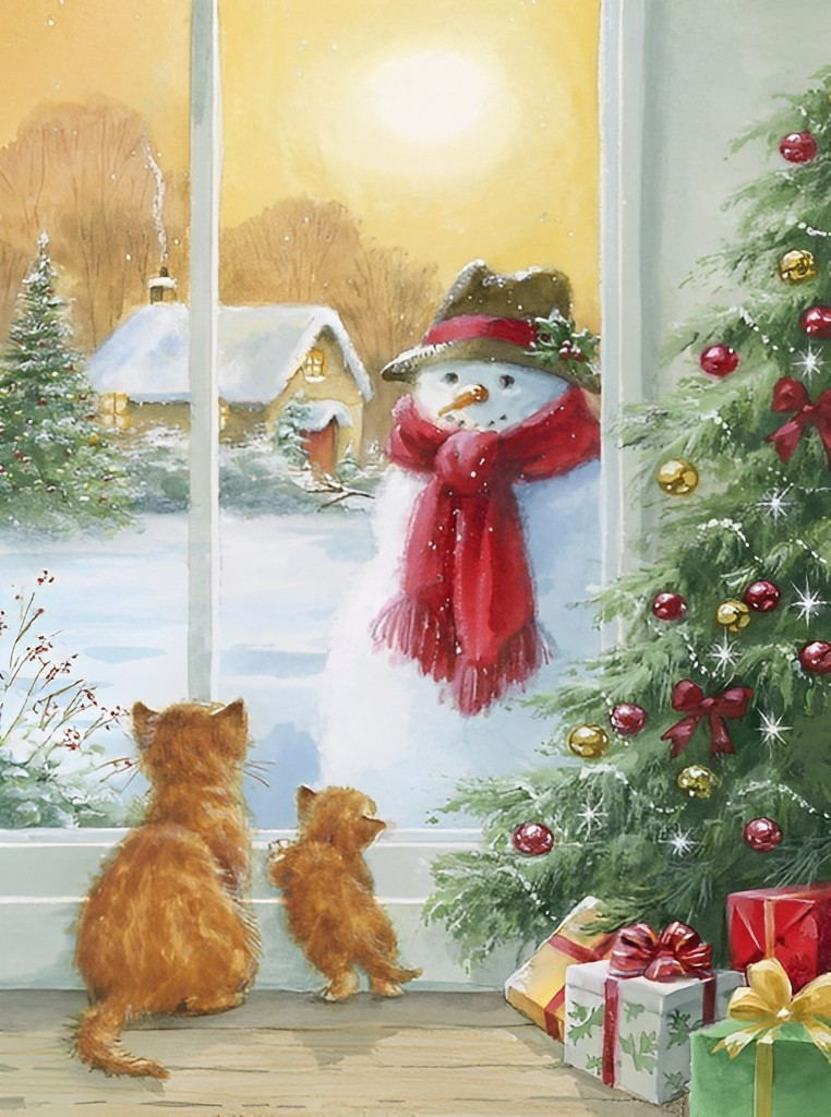 Katzen und Weihnachtsschneemann Diamond Painting