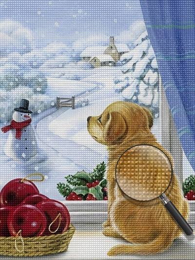 Weihnachtsschneemann aus dem Fenster und Hund Diamond Painting