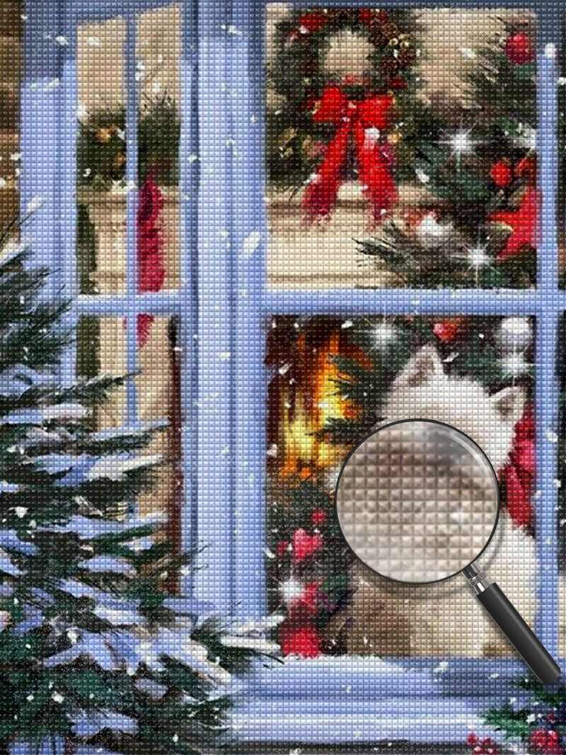 Hund vor dem Fenster des Weihnachtshauses Diamond Painting