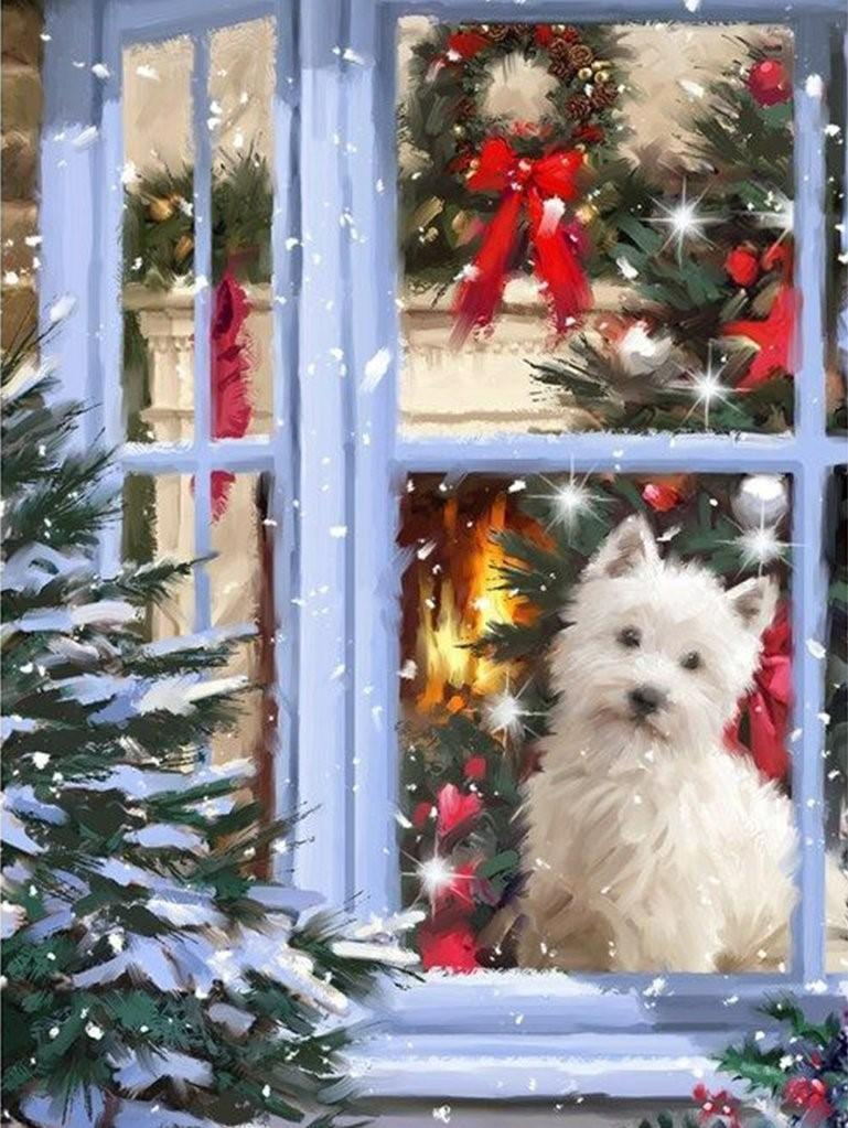 Hund vor dem Fenster des Weihnachtshauses Diamond Painting