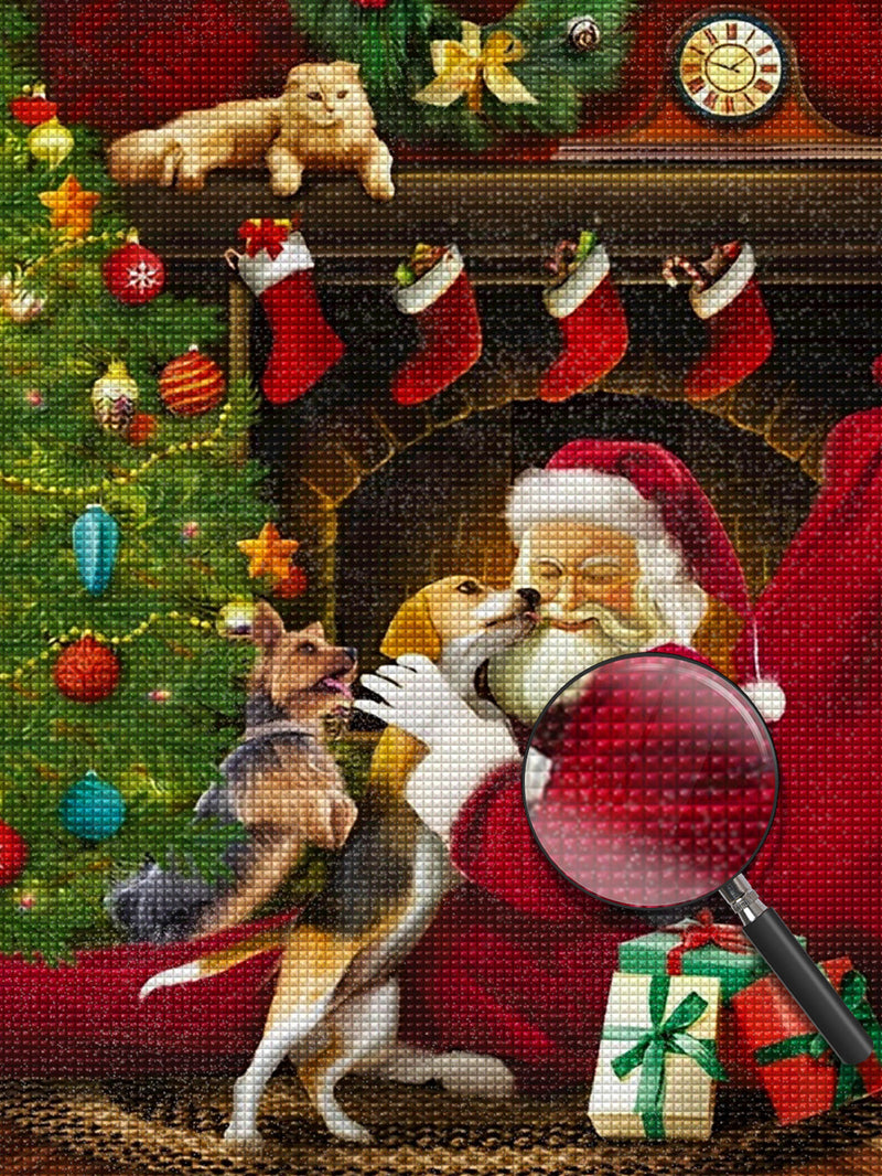 Weihnachtsmann und Hunde neben dem Kamin Diamond Painting