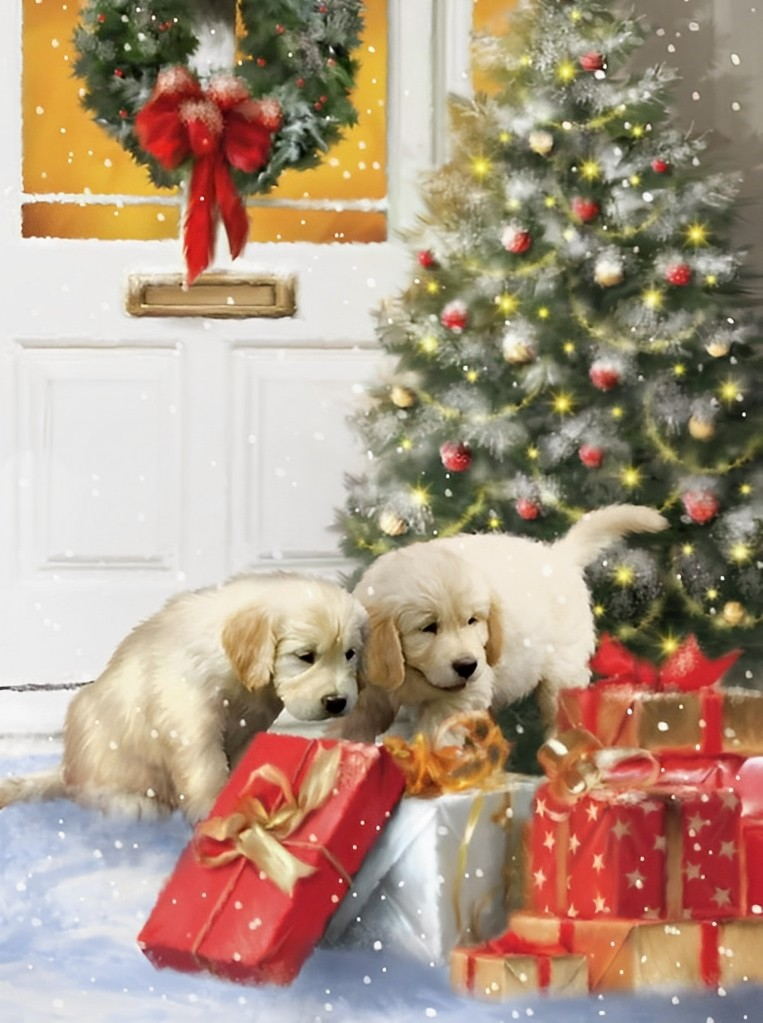 Geschenke und Hunde neben dem Weihnachtsbaum Diamond Painting