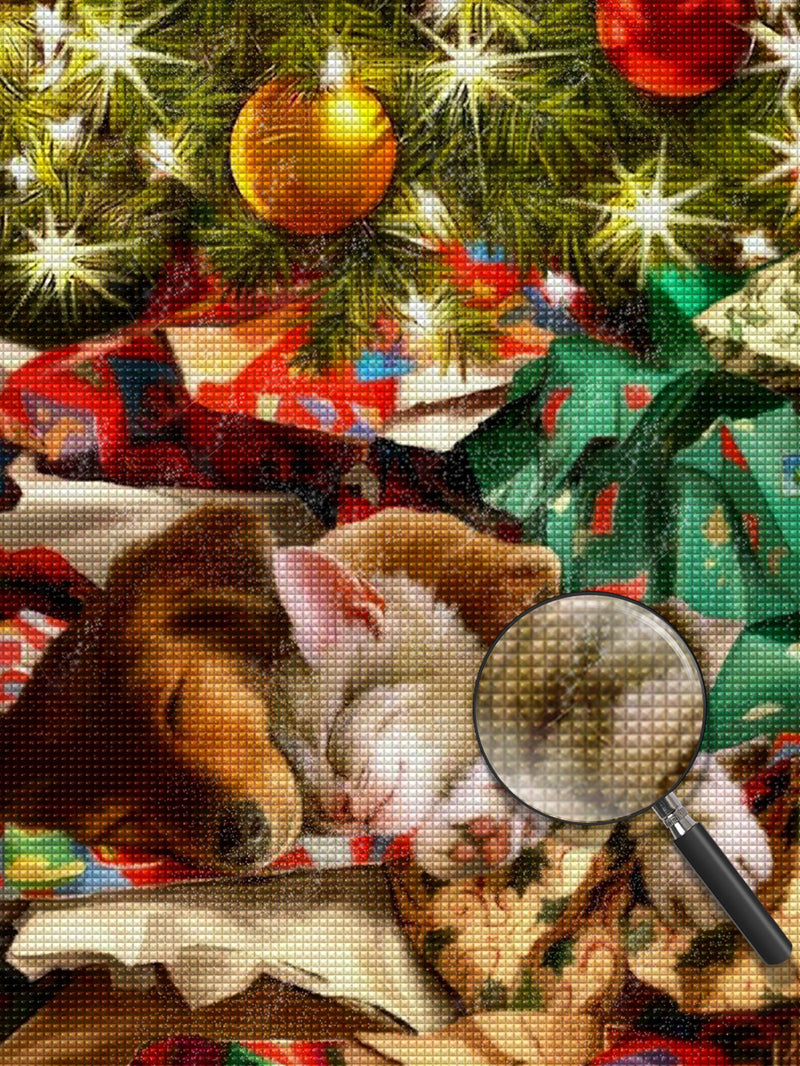 Schlafende Katze und Hund unter dem Weihnachtsbaum Diamond Painting