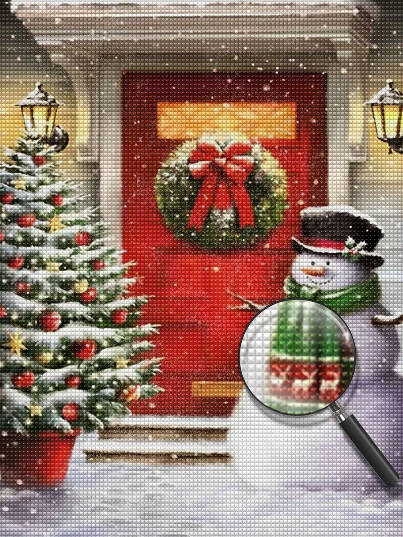 Schneemann, Weihnachtsbaum und Kranz an der Tür Diamond Painting