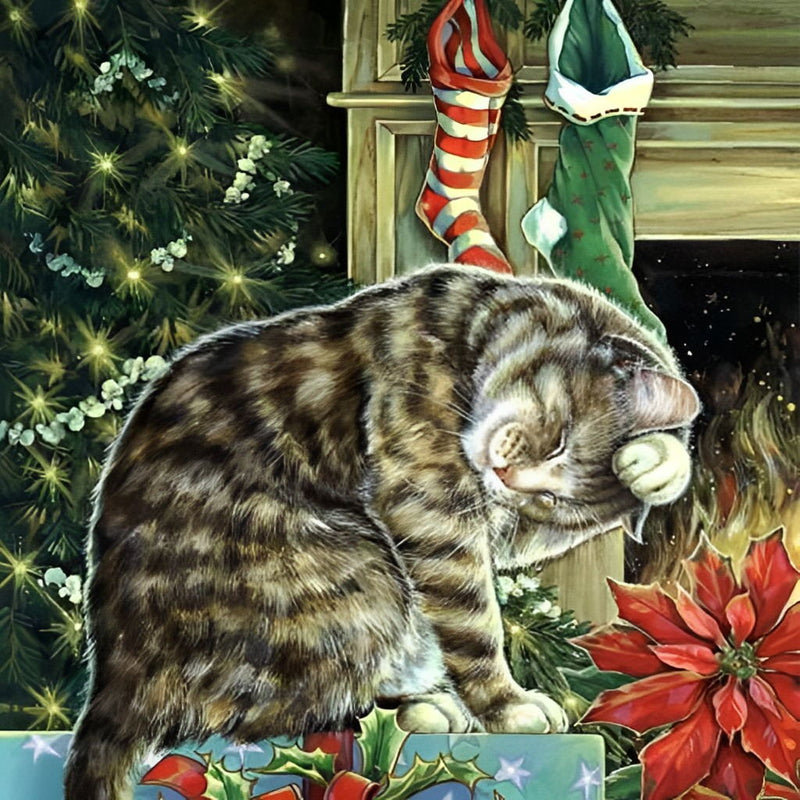 Katze auf dem Weihnachtsgeschenk Diamond Painting