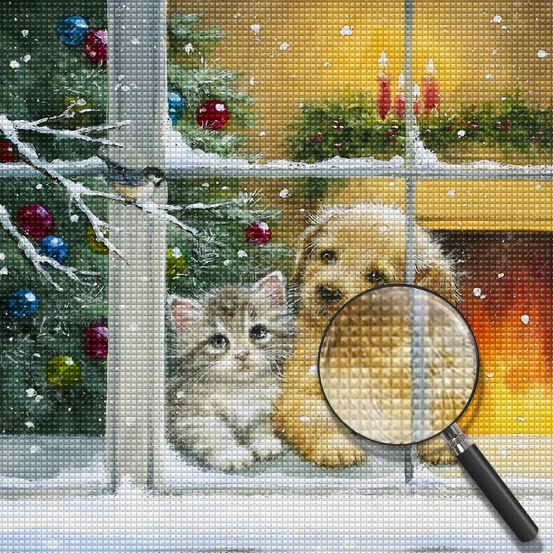 Katze, Hund, Weihnachtsbaum und Kamin Diamond Painting