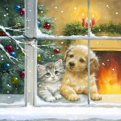 Katze, Hund, Weihnachtsbaum und Kamin Diamond Painting