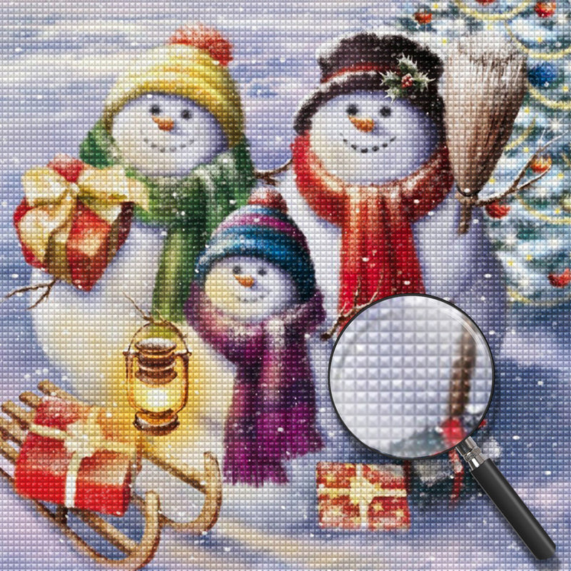 Schneemann-Familie mit Weihnachtsgeschenken Diamond Painting