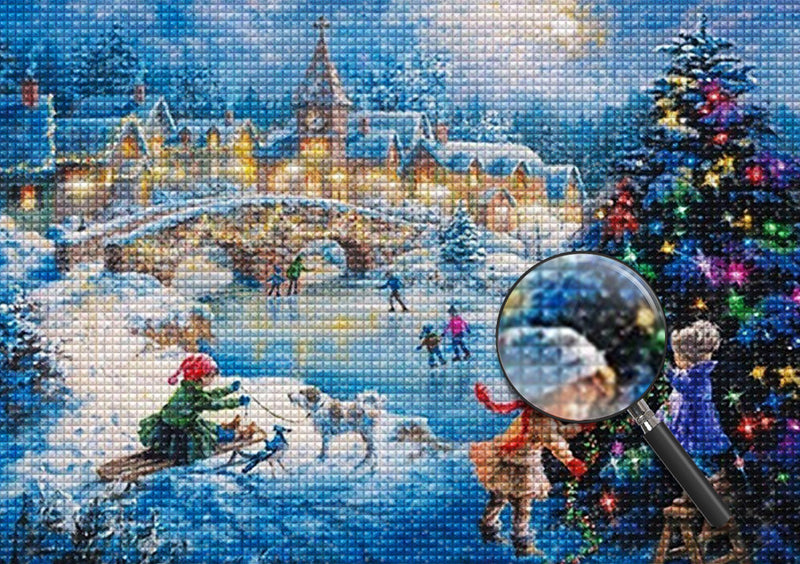 Schlittschuhlaufen, Kinder und Weihnachtsbaum Diamond Painting