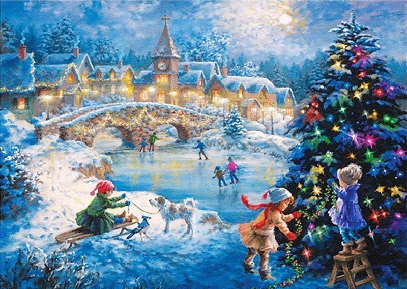 Schlittschuhlaufen, Kinder und Weihnachtsbaum Diamond Painting