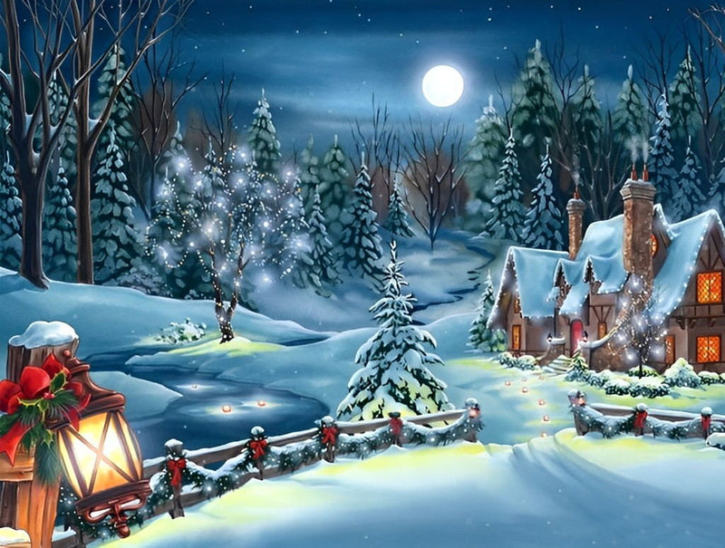 Weihnachtshütte unter dem Vollmond im Winter Diamond Painting