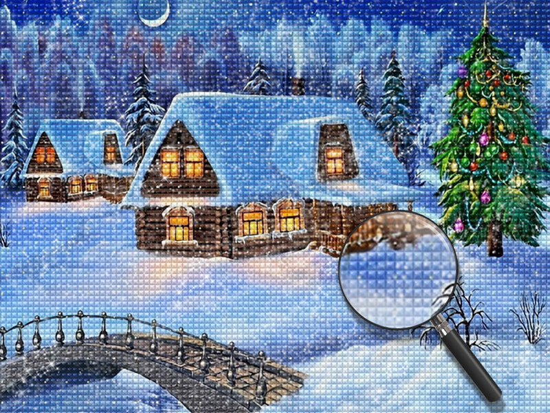 Hütte neben dem Weihnachtsbaum Diamond Painting