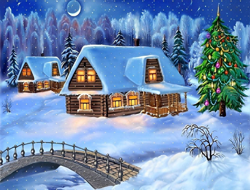 Hütte neben dem Weihnachtsbaum Diamond Painting