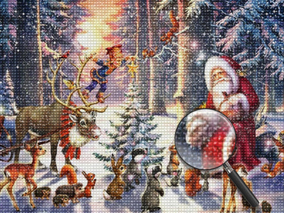 Weihnachtsmann und Tiere neben dem Weihnachtsbaum Diamond Painting