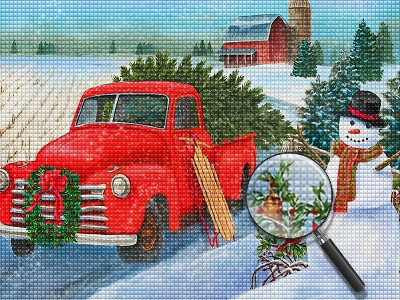 Rotes Auto, Weihnachtsbaum und Schneemann Diamond Painting