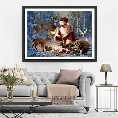 Weihnachtsmann und Tiere im Wald Diamond Painting