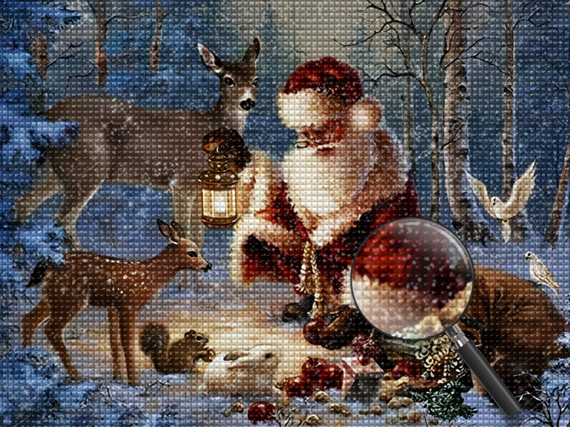 Weihnachtsmann und Tiere im Wald Diamond Painting