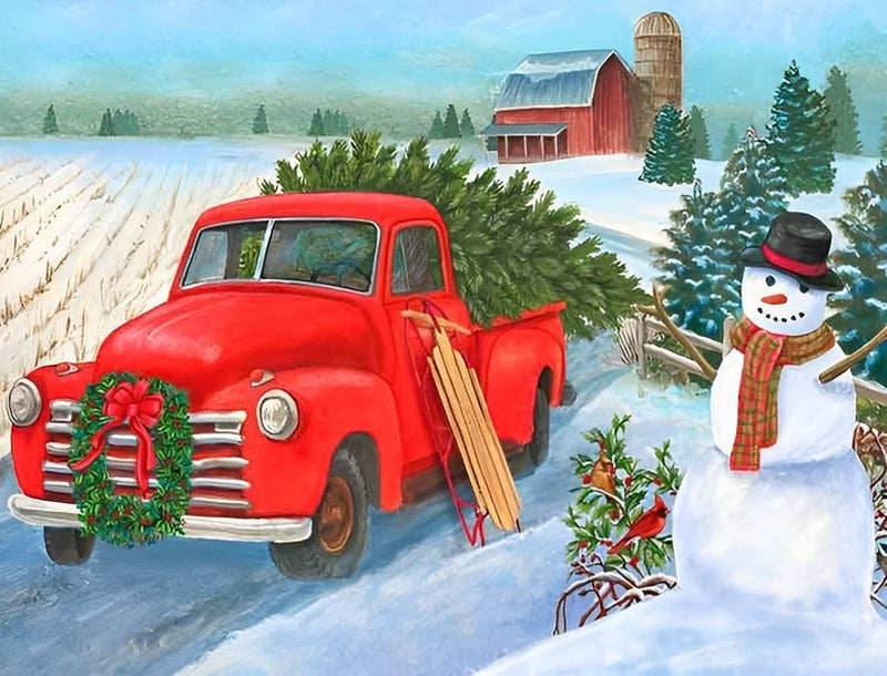 Rotes Auto, Weihnachtsbaum und Schneemann Diamond Painting