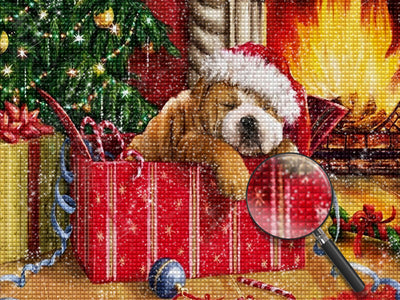 Hund und Weihnachtsbaum neben dem Kamin Diamond Painting