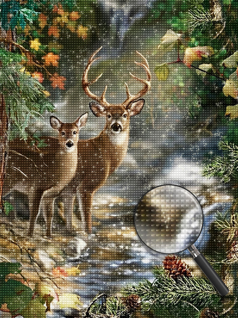 Hirsche am Fluss im Wald Diamond Painting